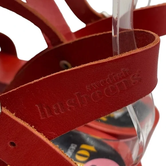 Swedish Hasbeens Sandal Red Leather Clog Bow Buckle Wood Size 8.5 - Picture 5 of 15